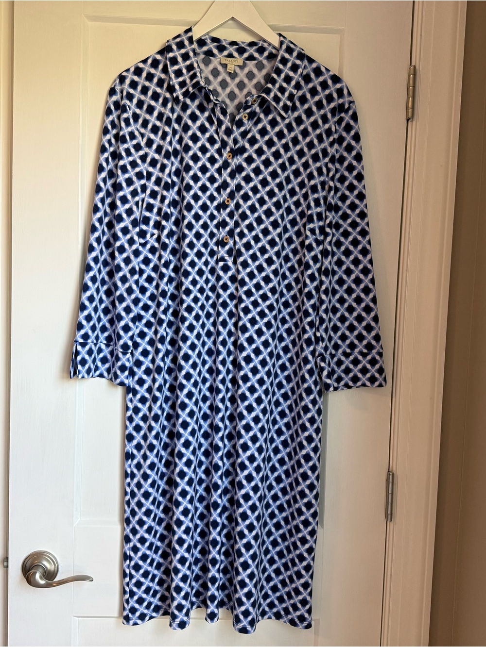 Talbots Navy and White Geometric Long-Sleeve Shirt Dress